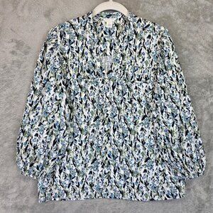 Caslon Blouse Womens Small Blue Green Floral V Neck Balloon Sleeve Top Rayon